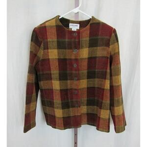 Alfred Dunner Petite 14P Plaid Coat Button Front Red Orange Green Earthy Fall